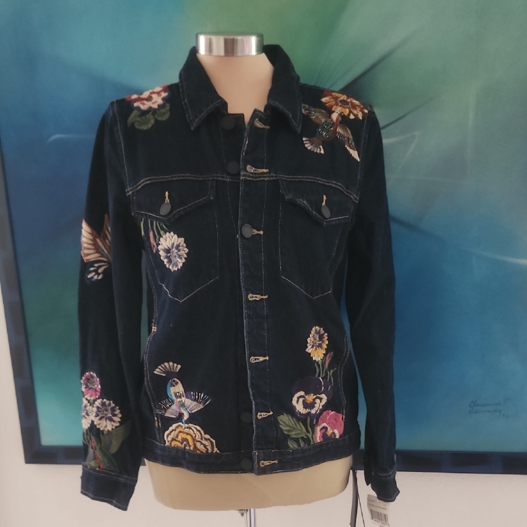 Blank Nyc | Dark Denim Jacket With Colorful Embroidery